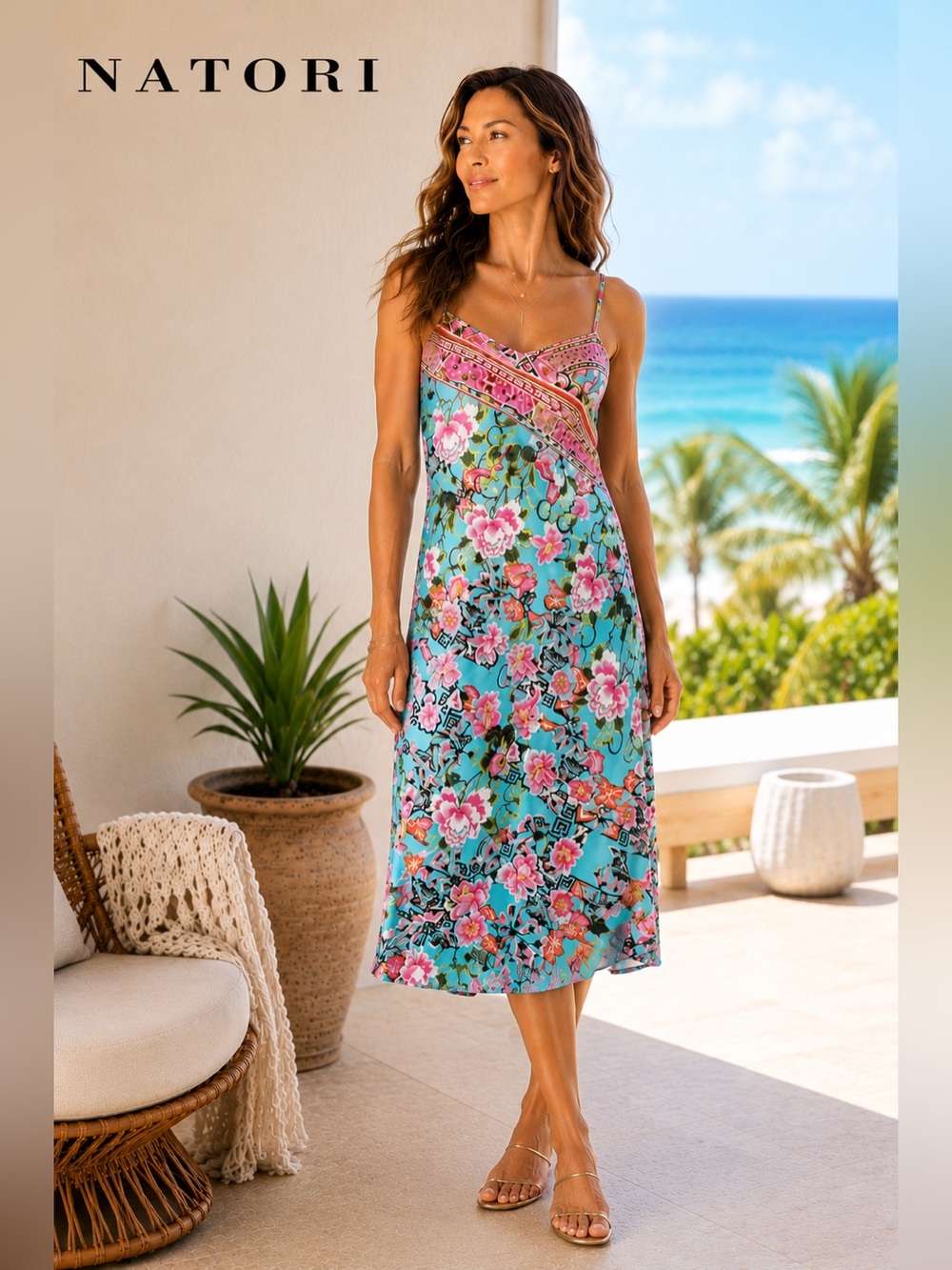 Natori Private Luxuries, Tropical Floral Slip Dress Resort Vacation Dress Size M
